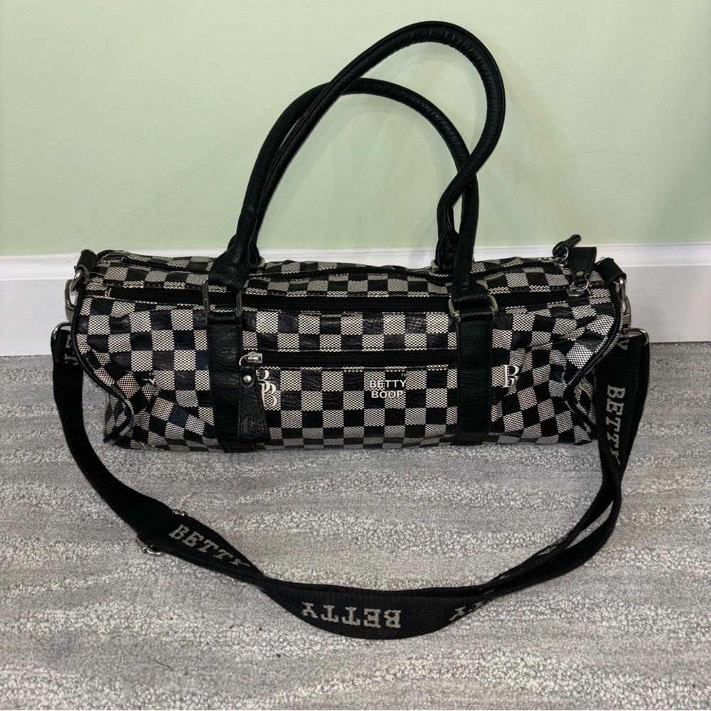 Betty Boop Black & White Checkered Vinyl Shoulder Bag W/ Adjustable Strap Y2K - Picture 3 of 14
